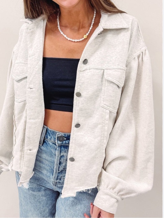 POL Jackets & Blazers - POL Cream Heather Gray Raw Hem Balloon Sleeve Crop Jacket Sweatshirt Shacket M